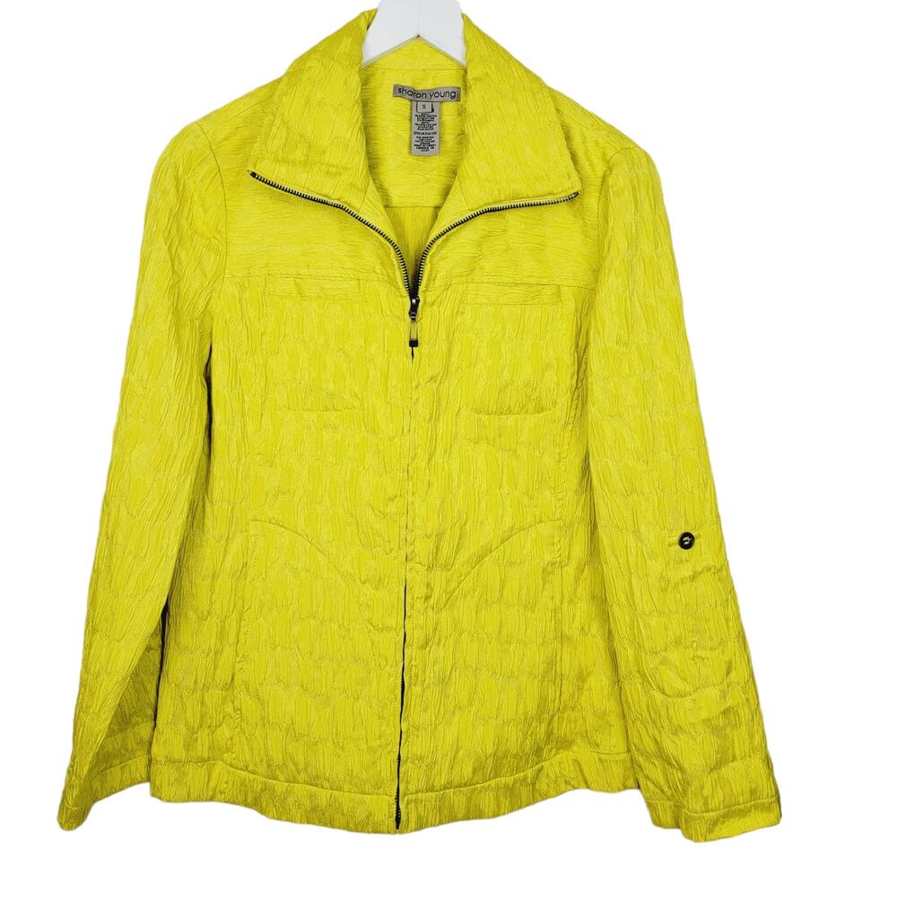 SHARON YOUNG Citrus Chartreuse Crinkle Zip Front Jacket Blazer - Size Small